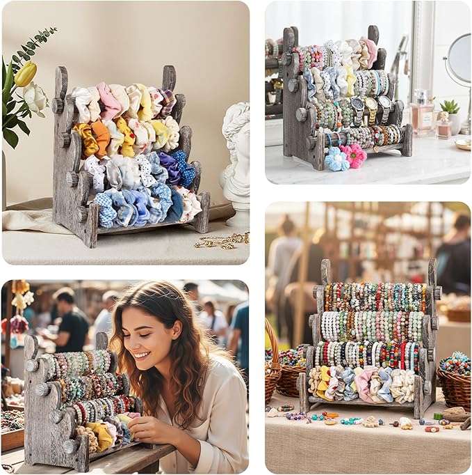 TOPNEW 4 Tier Wooden Bracelet Holder,Scrunchie Bangle Watch Necklace Display Storage Jewelry Holder Stand Display Organizer,Antique White