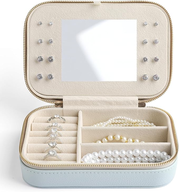 Genuine Leather Travel Jewelry Organizer Case with Mirror for Women, Small Mini Portable Jewelry Box for Ring Earrings Necklace Bracelet Luxury Gift for Women（Light Blue）