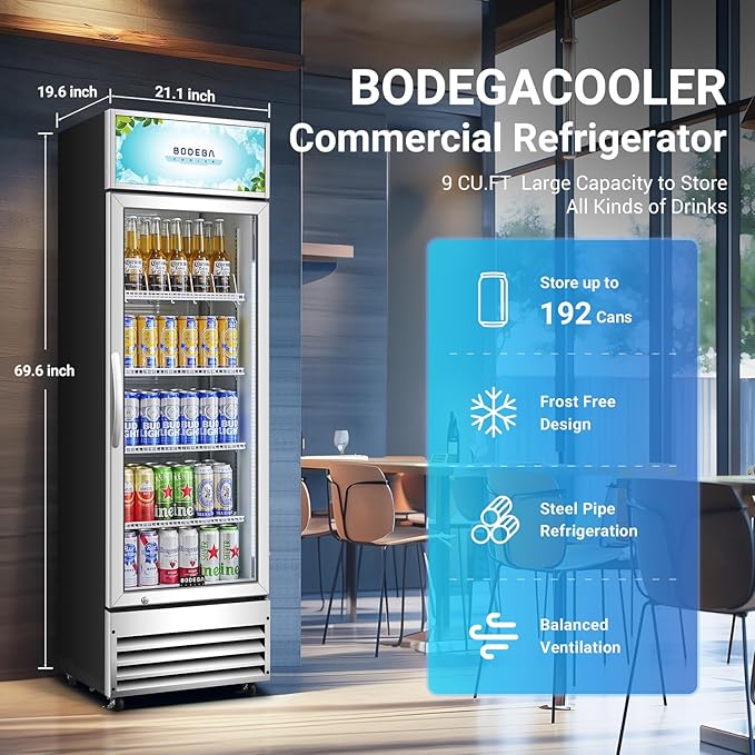 BODEGACOOLER Commercial Merchandiser Refrigerator, 9 Cu.Ft Glass Door Beverage Refrigerator, Upright Beverage Display Cooler with Soft LED Light, Adjustable Shelves, 4 Strong Castors(Stainless Steel)