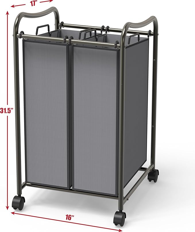 Simple Houseware 2-Bag Heavy Duty Rolling Laundry Sorter Cart, Dark Gray – 2 Section Removable Bags and Lockable Wheels for Laundry Room Organization