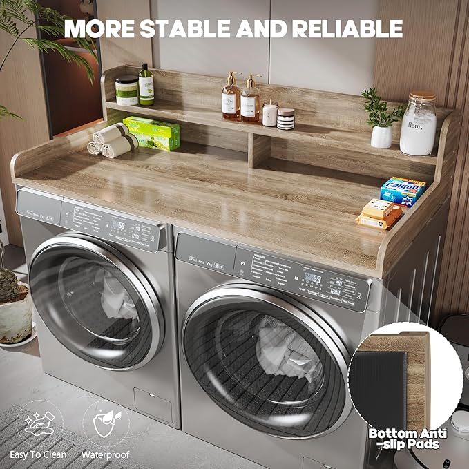 2-Tier Washer and Dryer Countertop with 2.75" H Guard,58" W x 28" D Laundry Countertop Cover with Non-Slip Pad,Large Space Laundry Topper for Folding Clothes Over Washer and Dryer-White Oak