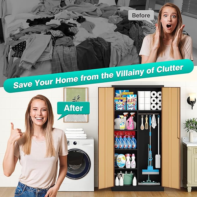 Wide & Deep Metal Storage Cabinet with Hanging Rod,Broom Closet Storage Cabinet with Lock,72" Tall Wardrobe Cabinets with Doors and Shelves,Locking Steel Tool Cabinets for Home,Office,Garage