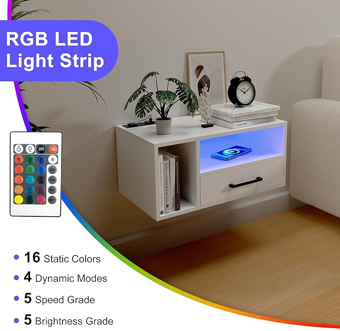Homaterial Floating Nightstand with Charging Station and LED Lights, Floating Bedside Table with Drawers Wall Mounted Nightstands,for Bedroom Room, 21.3" x 11.8" x 10",White