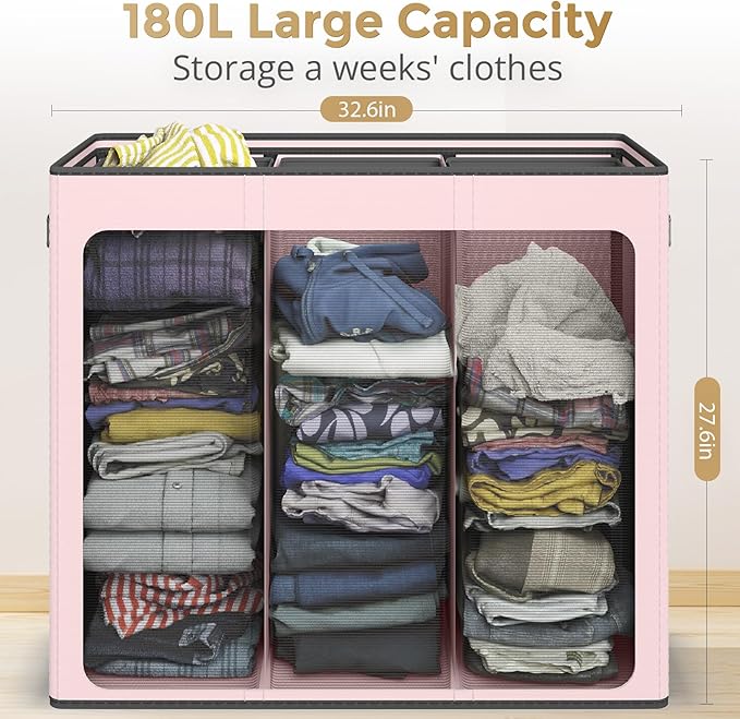 180L Laundry Hamper 3 Section, Large Laundry Basket with Lid, Laundry Basket Organizer with Handles, Pink Divided Laundry Baskets, Clothes Hampers for Nursery, Bedroom, Bathroom