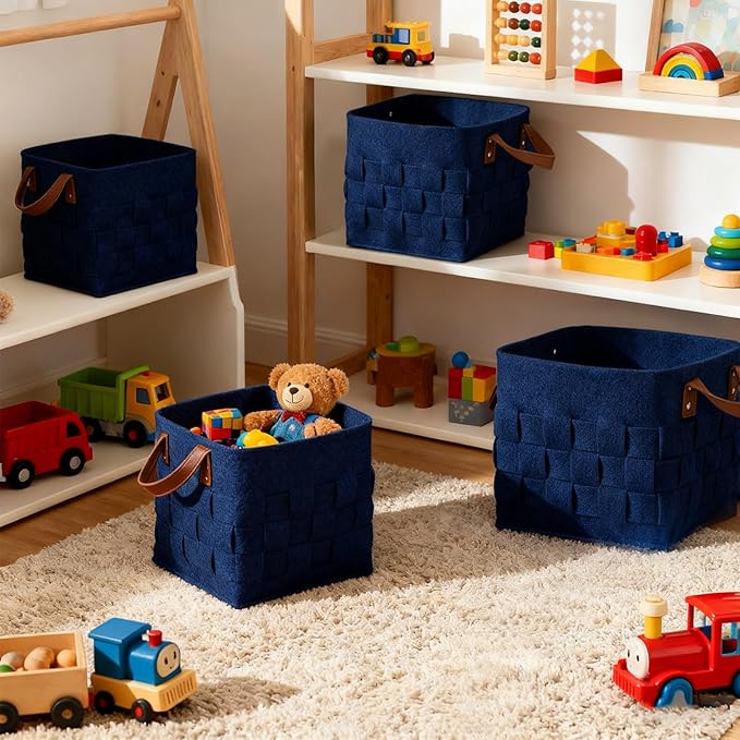 Bold monkey Storage Basket 3 Pack, Medium 10" x10" x10 " Baskets for Shelves with Leather Handle, Cube Felt Fabric Storage Box for Bedroom, Nursery, Living Room -Navy blue