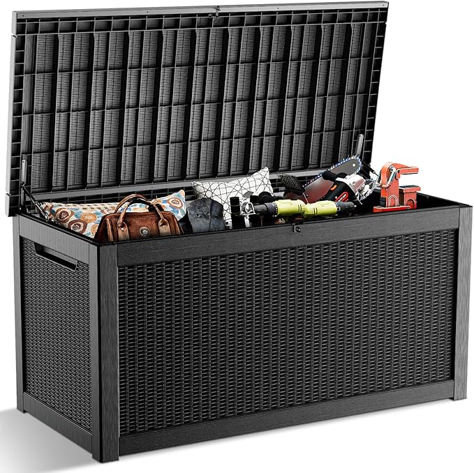320 Gallon Outdoor Deck Box,Storage Lockable Waterproof Patio Furniture,Garden Tools,Cushions,Pool Accessories Outside Storage Resin Box(Black)