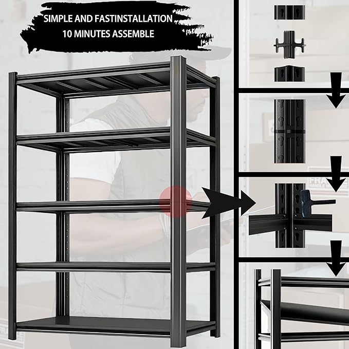 Industrial Storage Rack,Heavy-Duty Steel Shelving Unit,Multi-Purpose Garage Organization System Black 72" H x 62" W x 23.5" D 5-Tier