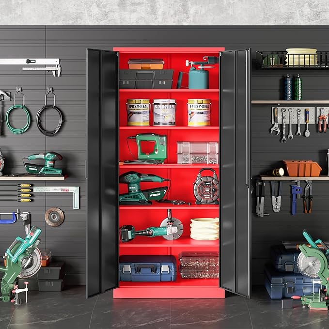 SISESOL Wide & Deep Metal Storage Cabinet with 6 Shelves,72" Tall Red Garage Storage Cabinet with Lock,Metal Cabinets with Locking Doors,Lockable Steel Cabinets for Home,Office,Shop,Garage,72x36x18