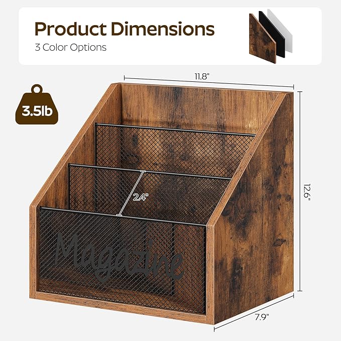 Magazine Holder, Wood Magazine Rack Floor, Mail Organizer Countertop, Magazine Mail Holder Sorter, Record Holder for Magazines, Books, Newspapers, Tablets, Rustic Brown and Black MR02BR