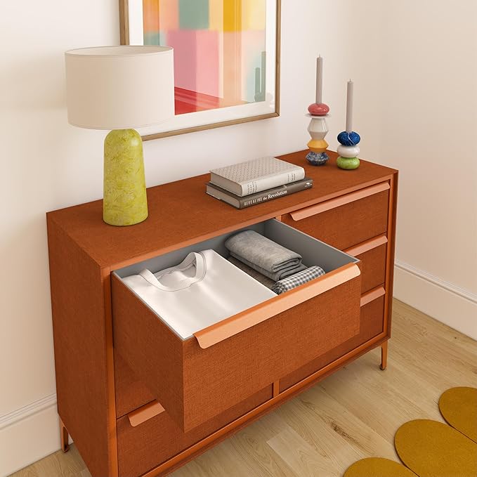 Naima Premium Fabric Dresser - Strong Metal Frame, 6 Spacious Sag-Proof Drawers with Sleek Metal Handles - Premium & Durable Storage Solution for Your Home (Orange)