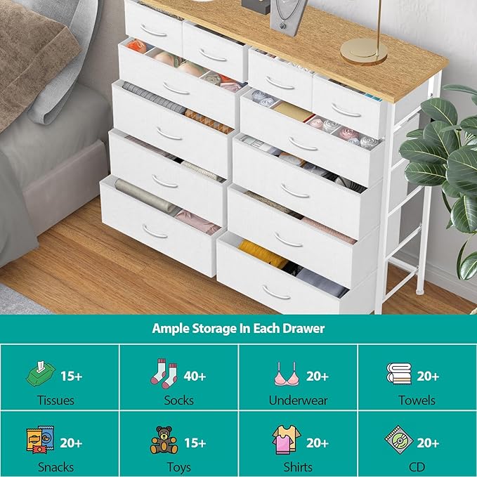 Compact 12 Drawers Dresser for Bedroom, Fabric Storage Tower, Chest of Drawers with Retro Wood Top for Closet, Nursery, Living Room