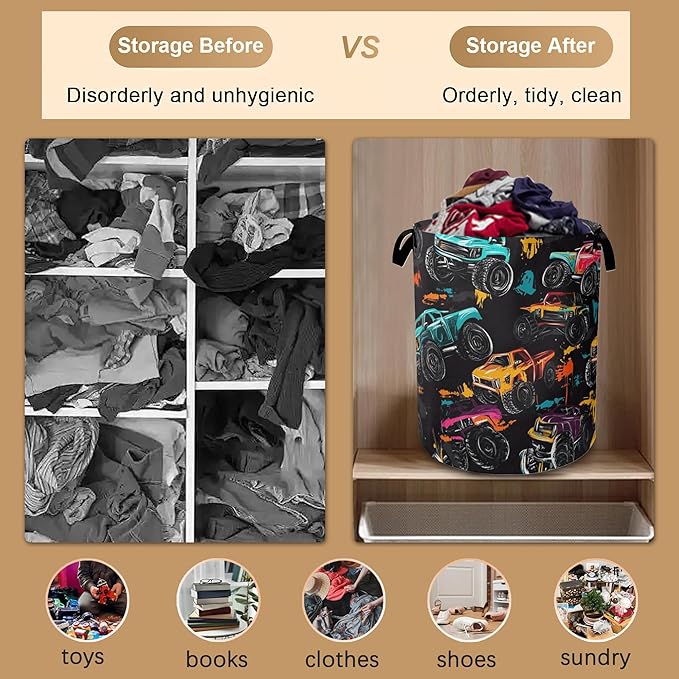 Laundry Hamper,Abstract Truck Laundry Basket,Waterproof Oxford Cloth Storage Basket with Handle for Clothes Books Nursery Home Storage Sundries 16"x20"