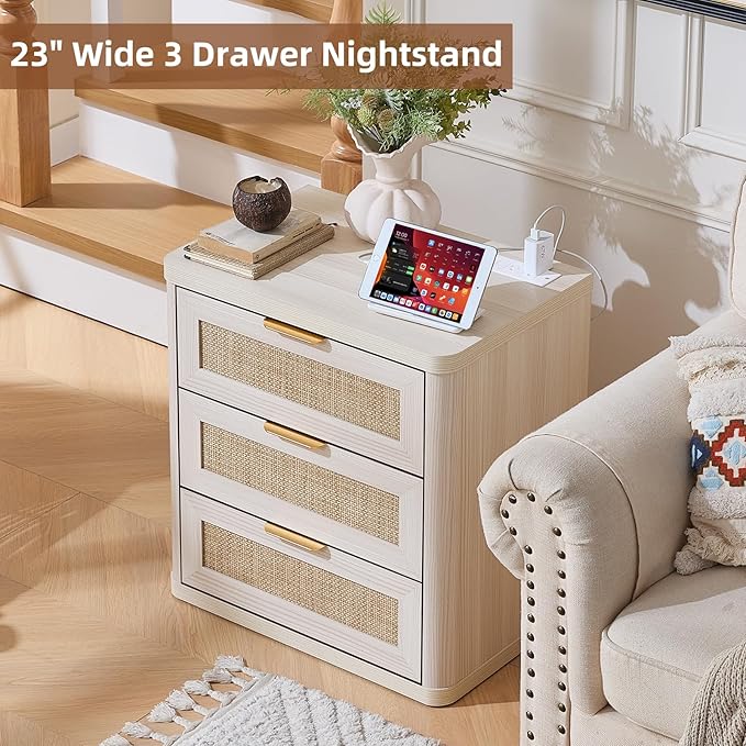 LEYAOYAO Rattan Night Stand Set of 2 with Charger Station, 23" Large 3 Drawer Boho Nightstand, Grey White Bedside Table Storage Cabinet, Bed Side End Tables for Bedroom, Living Room, Hallway