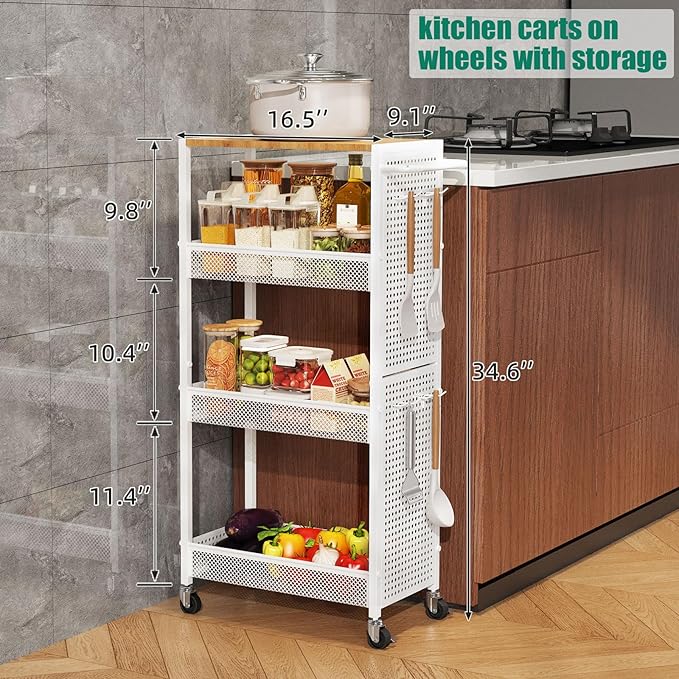 4-Tier Slim Storage Cart with Wheels,Small Mobile Organizer Shelf with Wooden Top & Metal Handle for Kitchen, Laundry Room, Bathroom, Office (White, 9.1 inch)