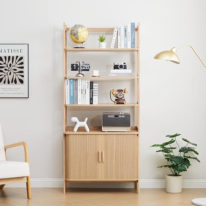 4-Tier Bookshelf, Tall Bookcase with Open Shelf and Sliding Door, 70” Freestanding Storage Organizer Display Cabinet for Living Room, Home Office (Natural)