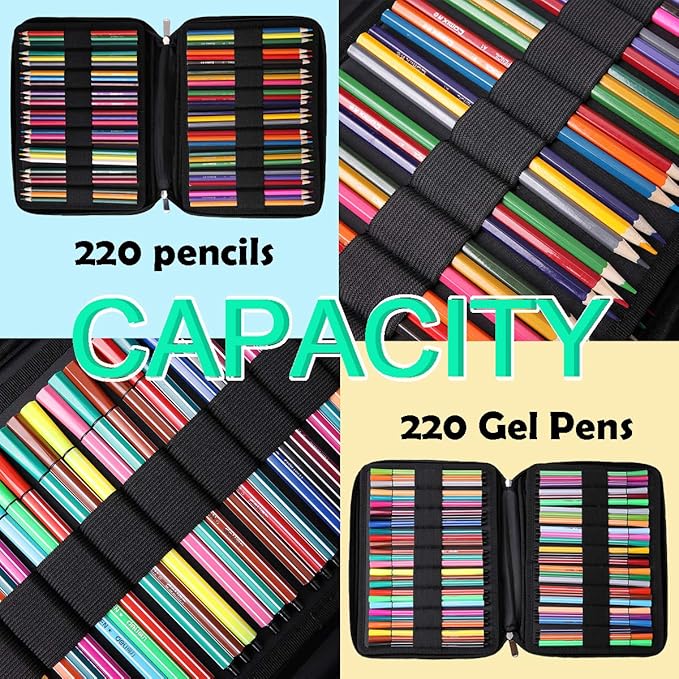 JAKAGO 220 Slots Colored Pencil Case Large Capacity Pen Holder for Artist Painter Zipper Organizer Bag for Marker Highlighter Storage Case for Office Sketch Travel Supplies (Forest)