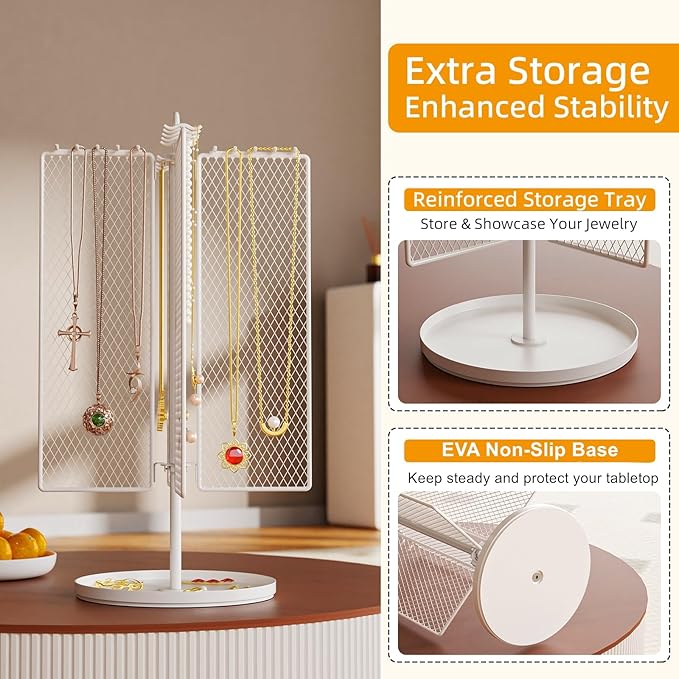 Rotating Necklace Holder Organizer, Necklace Storage Jewelry Stand, Metal Jewelry Stand with 40 Hooks for Necklace Earring Ring Bracelet Display Stand, Women Gifts - White