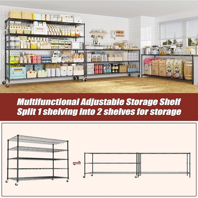 PrimeZone 5 Tier 80.7" H x 55.5" W x 24" D Wire Shelving with Wheels 3000lbs NSF Certified Storage Shelves Heavy Duty Metal Shelf Adjustable Rolling Rack Commercial Garage Restaurant Warehouse 6Pack