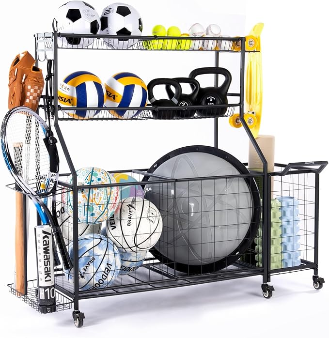 SpaceWise Sports Equipment Organizer – Garage Ball Storage Rack with Hooks, Baskets, Wheels & Detachable Portable Side Cart, Golf Organizer, Gym Equipment & Toy Storage Solution, Charcoal Finish