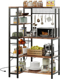 IRONCK Bakers Rack with Power Outlet, 5-Tier Corner Microwave Stand with Storage, Coffee Bar with 6 S-Shaped Hooks, Kitchen Shelves with Wire Basket