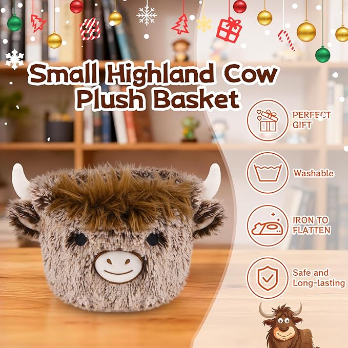 Highland Cow Plush Basket, Highland Cow Gift Basket for Nursery, Soft Winter Small Baby Blanket 0rganizer Storage, Cute Baby Blanket Diapers Candy Towel Decor Storage Bins, 8.2×6.3 inches