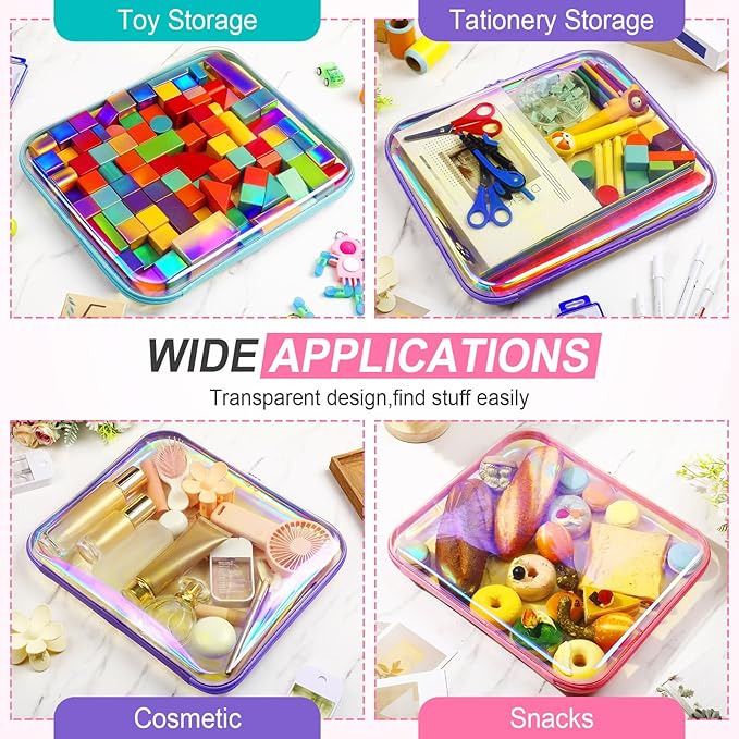 Sanwuta 6 Pcs Clear Hard Zipper Case Hard Plastic Zipper Pouches Transparent Makeup Bag Pencil Pouches for Travel Snacks Christmas Trinket Storage Organizer Box(Holographic,13.78 x 11.81 x 2 Inch)