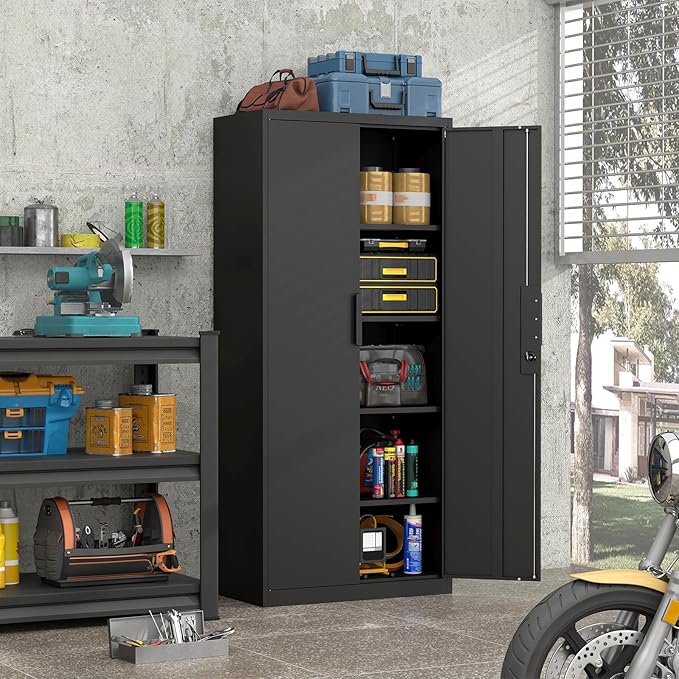 Metal Garage Storage Cabinets, 71" H Black Storage Cabinet for Basement, Heavy Duty Organizer with Adjustable Shelves, Locking Cabinet with 2 Keys, Tall Garage Organizer for Tools