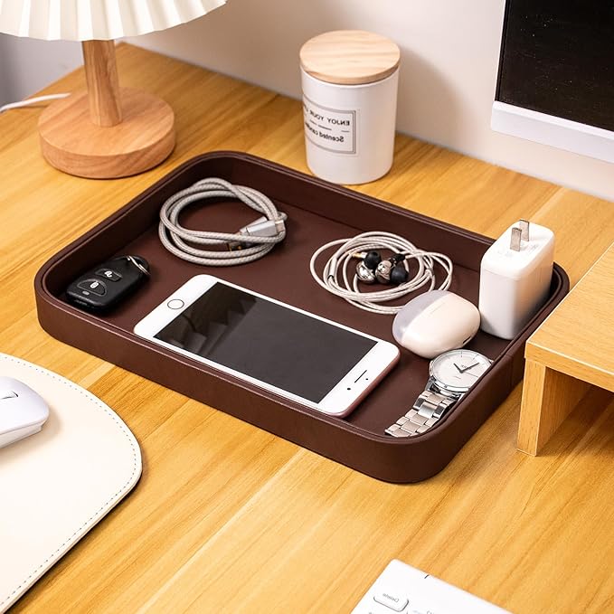 SANQIANWAN Faux Leather Valet Tray for Men Nightstand Bedside Entry Table Tray Catchall Tray for Keys,Wallet,Phone,Watch,Jelwery and Coin Gift for Dad Husband Boyfriend Uncle (Brown)