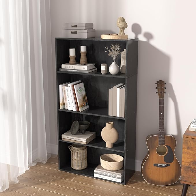 4 Tier Book Shelf, 4 Cube Storage Organizer,4 Tier Low Bookcase Storage Display Organizer, 44 Inch Versatile Cubes Shelf and Cubby Unit for Any Space (Black, 4 Cube-W(23.6inch)