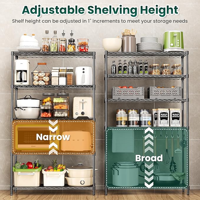 5-Tier Storage Shelves 72" H Wire Shelving with 5 Shelf Liners, 1325LBS Adjustable Metal Shelving, Heavy Duty Steel Wire Rack for Garage Commercial Pantry Kitchen, 36" W x 14" D x 72" H, Black