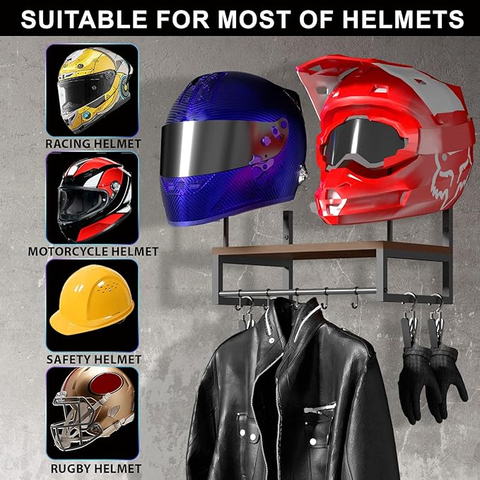 Helmet Holder Wall Mount, Retro Helmet Rack with Wooden Board, 2 Helmet Stands for Moto Gear Storage, Football Accessories Organizer, 4 Clips 5 Hooks for Hanging Gloves Keys, and Tactical Vests