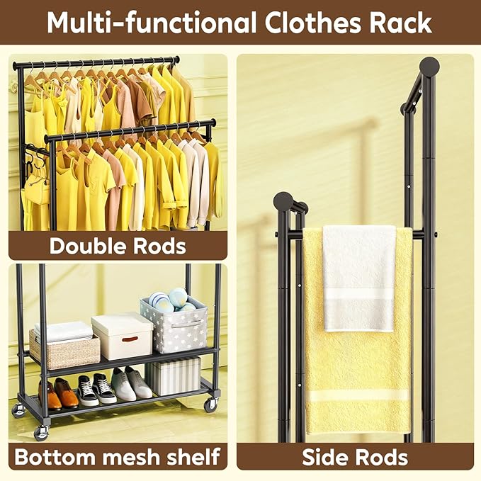 Double Rod Clothing Rack Heavy Duty with Oxford and Mesh Bottom Shelves, Garment Racks for Hanging Clothes, Portable Wardrobe Rack, Metal Clothes Rack Sturdy Coat Rack for Bedroom Laundry Living Room