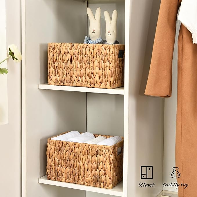 ELONG HOME Water Hyacinth Rectangular Wicker Baskets, 12" Wicker Basket 2 Pack, Woven Storage Baskets with Handles
