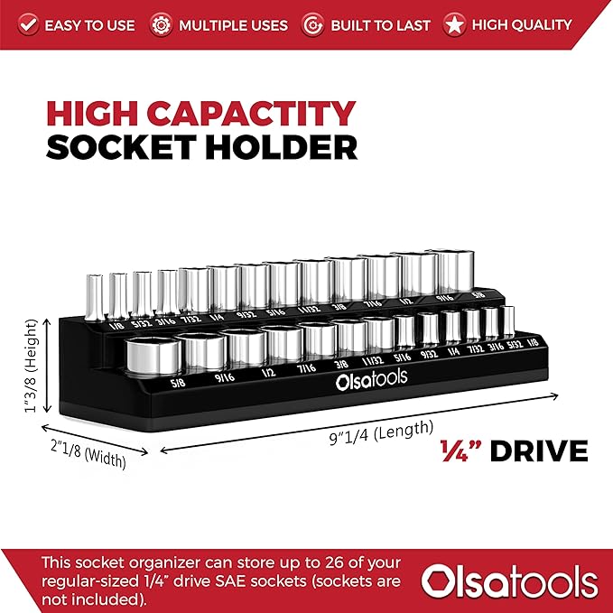 Olsa Tools Magnetic Socket Organizer | 1/4-Inch Drive | SAE | Black | Holds 26 Sockets | Professional Quality Tools Organizer