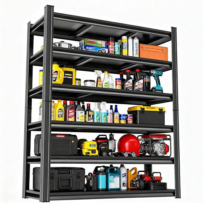 6-Tier Garage Shelves, Metal Shelving Unit, Adjustable Storage Shelves Heavy Duty 36''W*16''D*82''H，Double-Layer Column with Reinforced Ribs Capable of Bearing 3624 Lbs for Garage, Basement, Warehouse