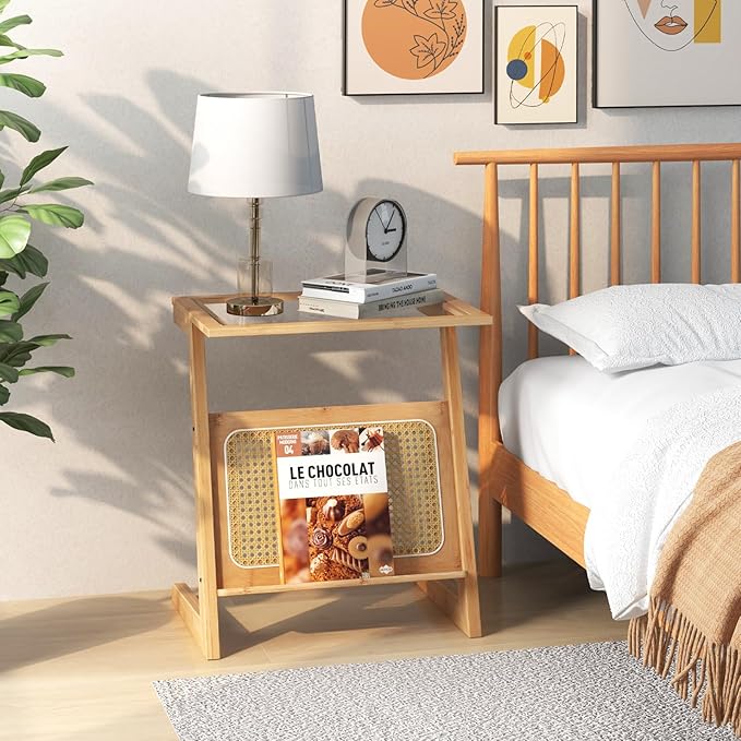GOFLAME Rattan Side Table, Z-Shaped End Table with Magazine Rack, Bamboo Sofa Side Accent Table with Glass Top, Small Boho Nightstand, Bedside Table for Small Space, Living Room, Bedroom