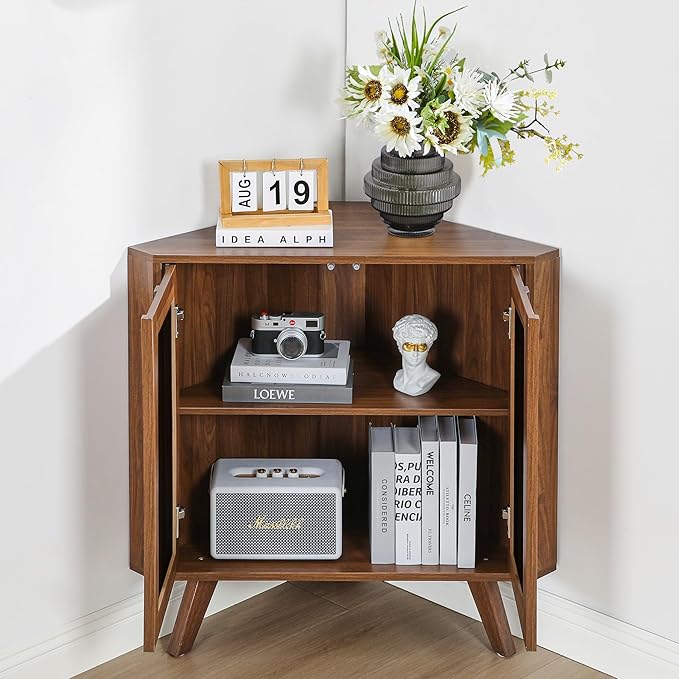 Small Corner Cabinet,Corner Floor Cabinet with Adjustable Doors and Shelve, Freestanding Narrow Storage Organizer for Kitchen Living Room Bathroom (Walnut and Black)