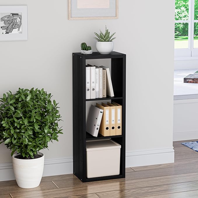 Cube Storage Organizer Bookcase, 3 Tier Decorative 11 inch Open Back Cubical Shelf with Thickened Border, Display Bookshelf for Living Room, Home Office, Sturdy Room (Black, 3 Cube)