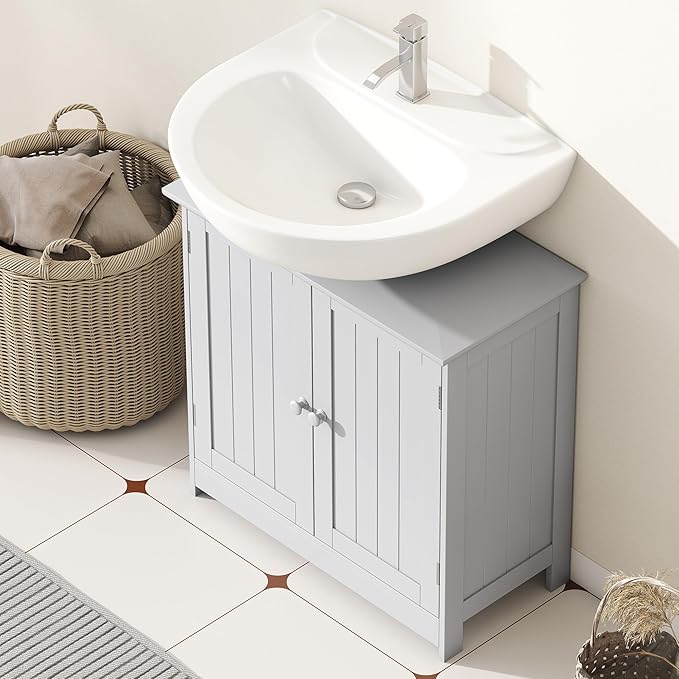 HOMCOM Under Sink Bathroom Cabinet, Pedestal Sink Storage Cabinet with 2 Doors, Shelf and U-Shape, Light Gray