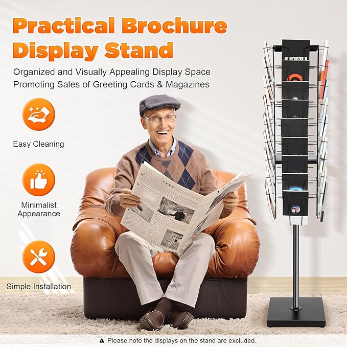 36-Pocket Rotating Magazine Rack, 360° Floor Brochure Display Stand with 132lbs Capacity, Black Modern Spinner Organizer for Retail, Office, Exhibition, Home