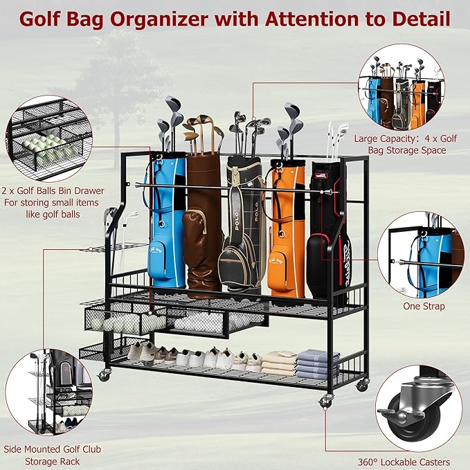 Golf Bag Storage Rack on Wheels, Mobile 5-Bag Organizer with Accessory Drawer for Golf Bag and Equipment Accessories Garage, Home, Basement