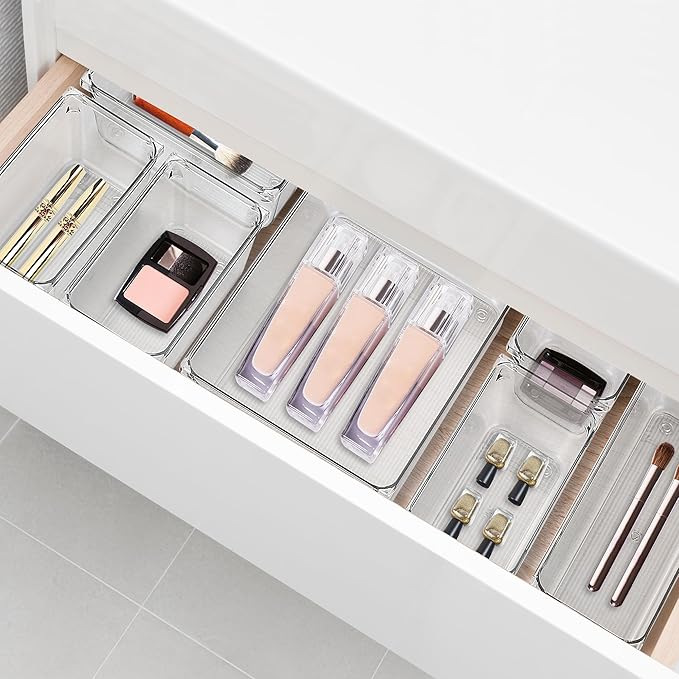 8 Pack Drawer Organizer - 3" X 9" Clear Acrylic Storage Bins with Non-Slip Pads, Versatile Desk Tray for Makeup, Jewelry, Kitchen, Bathroom, and Office Organization