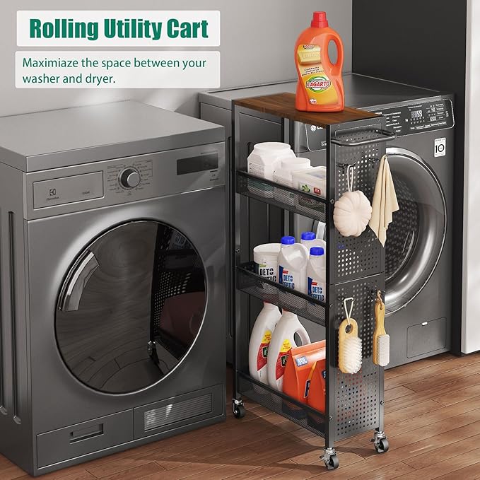 Slim Rolling Storage Cart with Wheels, 4-Tier Metal Utility Cart with Handle & Wood Top, Small Mobile Organizer Shelf Unit for Laundry Room, Kitchen, Bathroom, Office, Narrow Space