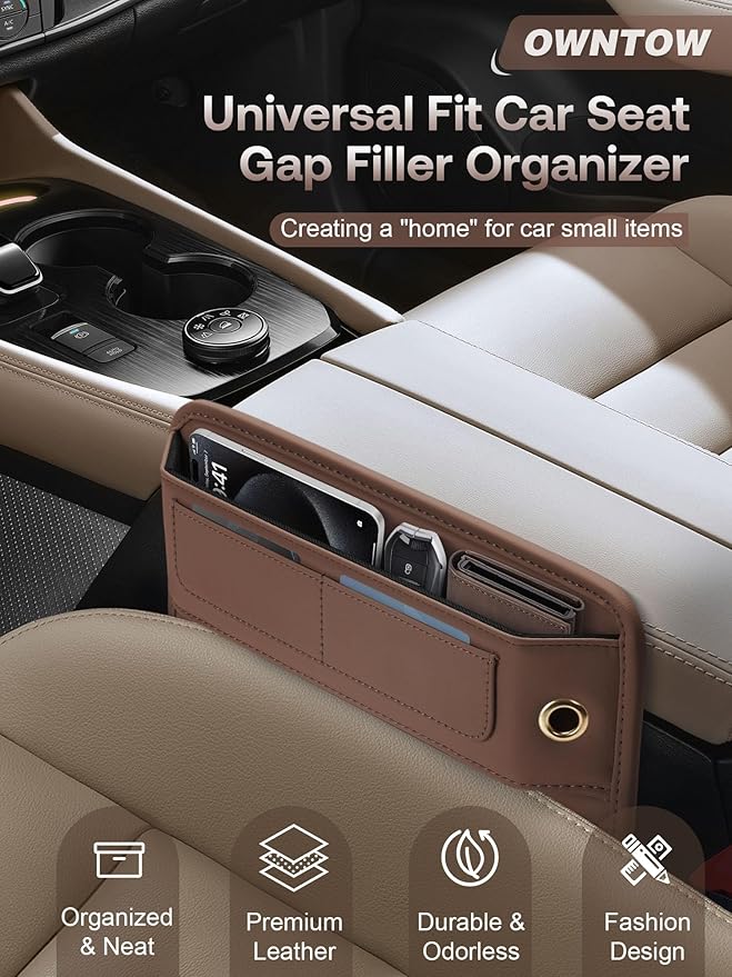 Premium Leather Seat Gap Filler Organizer, Universal Fit Car Accessories for Women/Men Interior, Center Console Organizer With Card Slots for SUV Truck (Brown, 2 Pack)