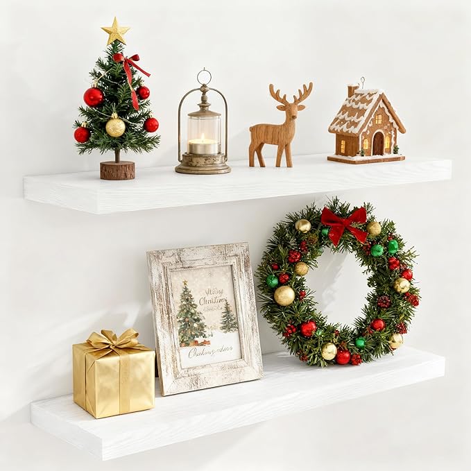 Fun Memories 36 Inch Floating Shelves White, 9.3 Deep Floating Shelf for Wall, Rustic White Wall Shelves 36x9.3x1.5 - Set of 2, Large Deep Shelf for Kitchen, Living Room Storage