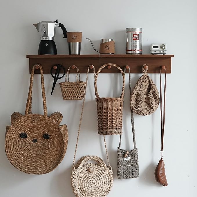 Entrance Coat Rack ，Coat Hooks, Wall-Mounted Wooden Hook Rack, Wall-Mounted Shelves are Very Suitable (2PC-Teak Colored Veneer)