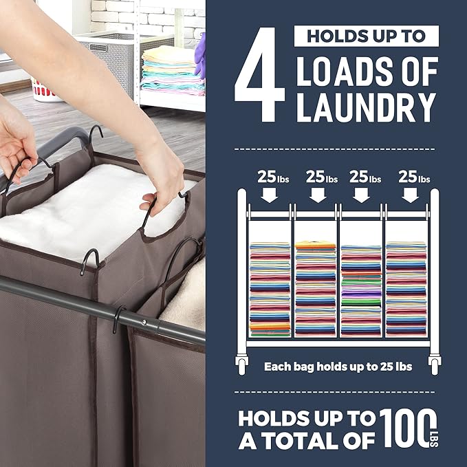 STO STO Laundry Sorter 4 Section, 4 Bag Laundry Hamper, Rolling Laundry Cart, Laundry Basket with Heavy Duty Lockable Wheels and Removable Bag for Clothes Storage, Brown