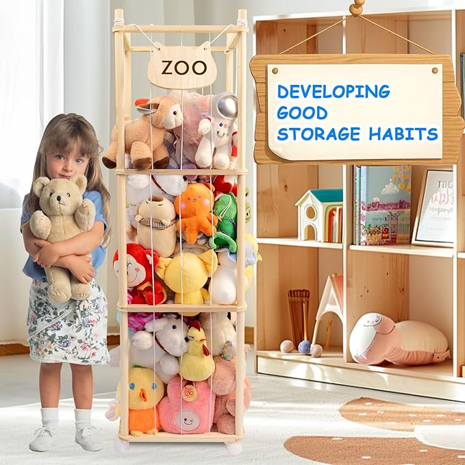 Stuffed Animal Storage, Wood Stuffed Animal Zoo Storage, Space Save Stuffed Animal Holder, Plush Toy Storage Organizer with Brake Wheels for Bedroom Playroom Nursery Bedroom
