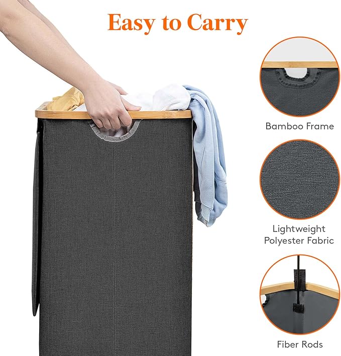 Lifewit 100L Laundry Basket with Lid, Clothes Hampers for Laundry with Bamboo Handles and A Removable Bag, Large Foldable Laundry Hamper for Bedroom, Bathroom, Dorm, Laundry Room, Dark Gray