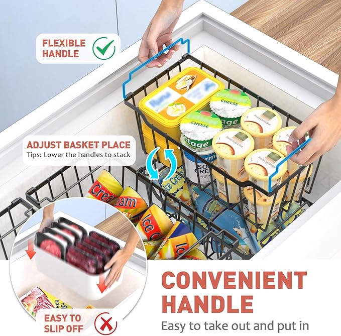 Goovilla Freezer Organizer Bins with Foldable Handle, 4 Pack Stackable Freezer Baskets for 3.5-7 Cu.FT Deep Chest Freezer Organization, Coated Metal Freezer Storage Bins with Better Space Utilization